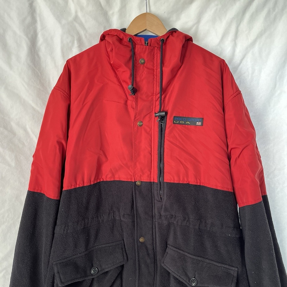 Polo Sport Ralph Lauren Jacket Men L Red Black Fleece Nylon Hooded Vintage 90s - Picture 1 of 16